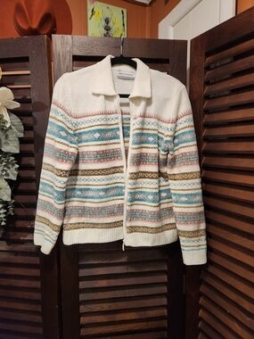 Alfred Dunner Cream Zip-Front Cardigan with Blue, Pink, and Brown Stripes